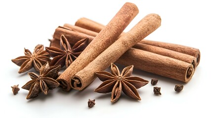 cinnamon and star anise on white background