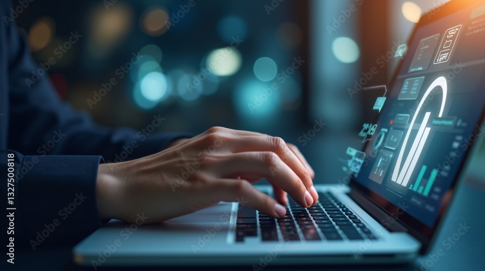 Poster cybersecurity concept with person using laptop. digital lock icon on screen. data protection, networ