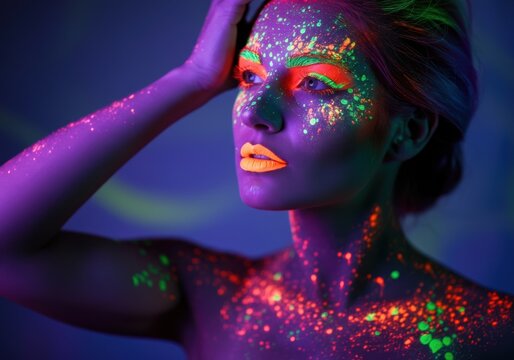 Woman with vibrant neon body paint and glowing makeup under UV light