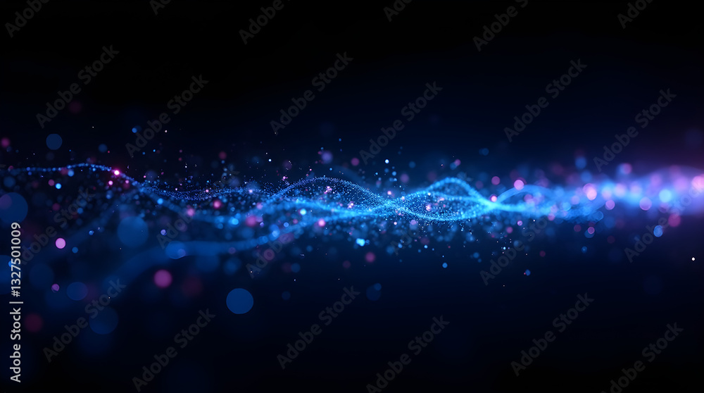 Poster vibrant blue energy wave with pink sparkles flowing on dark background - abstract digital technology