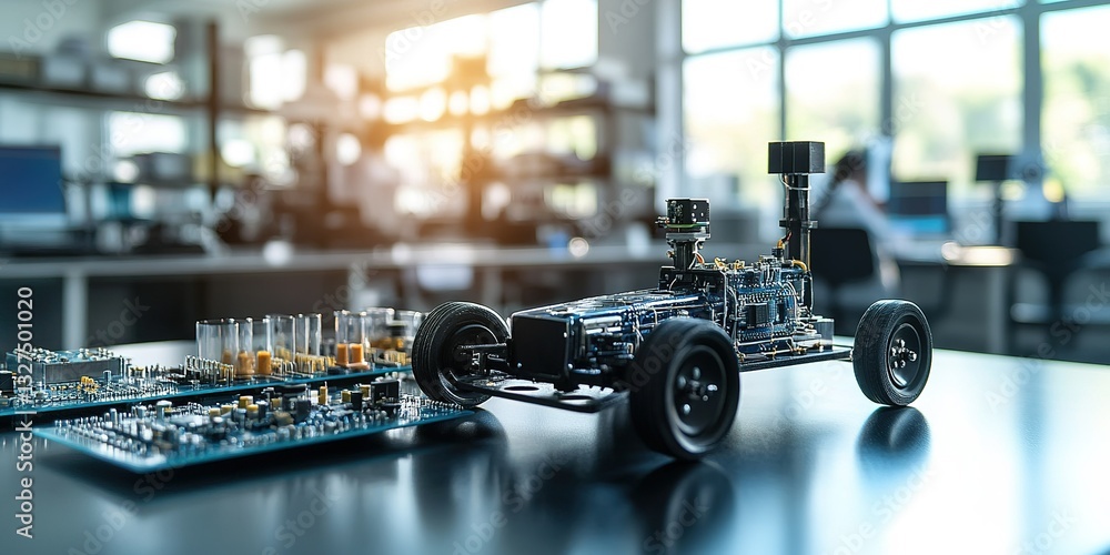 Poster innovative robotic car model and circuit board displayed in a modern laboratory setting with natural