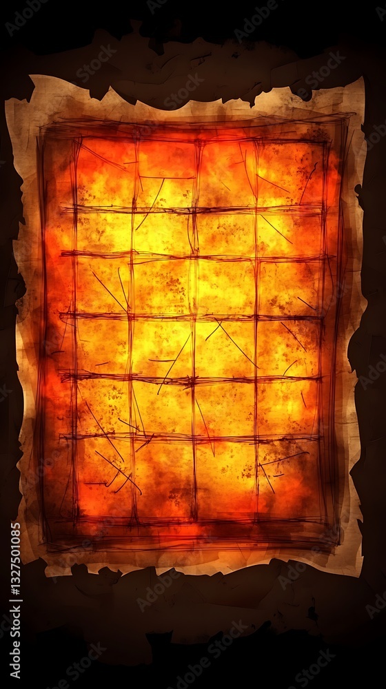 Poster glowing gridded parchment texture with scratch marks on dark backdrop