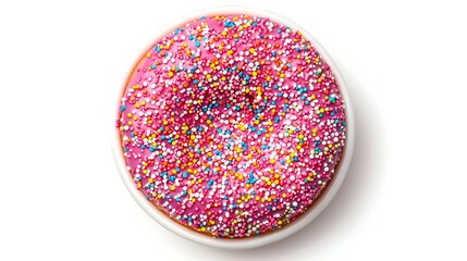 Pink donut decorated with colorful sprinkles