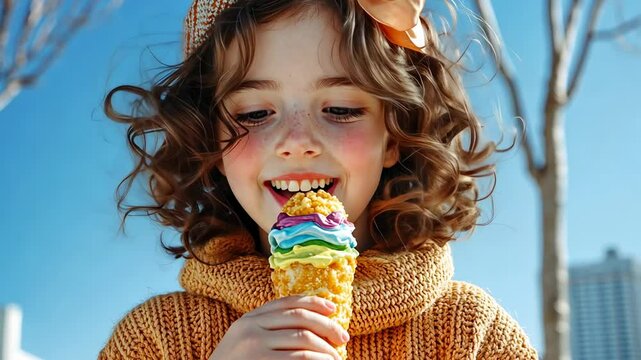 Adorable Girl Enjoying Rainbow Ice Cream Cone