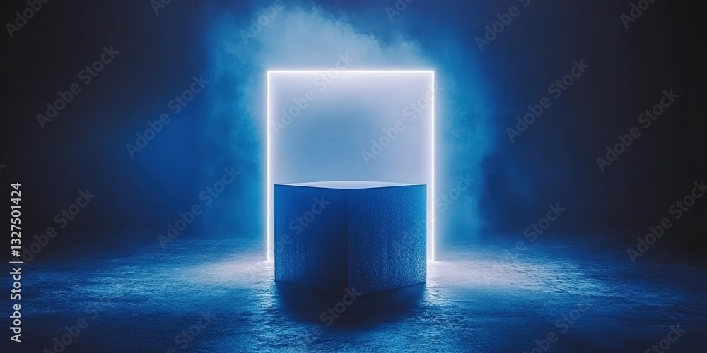 Poster futuristic glowing square surrounded by mist and illuminated cube in dark setting at night