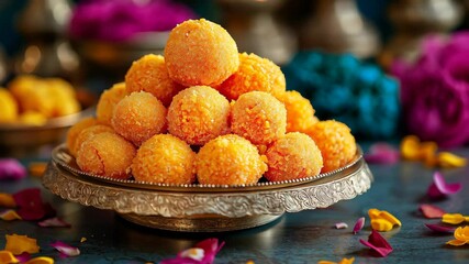 Traditional Indian sweets laddoo arranged on a decorative plate for celebration. High quality 4k footage