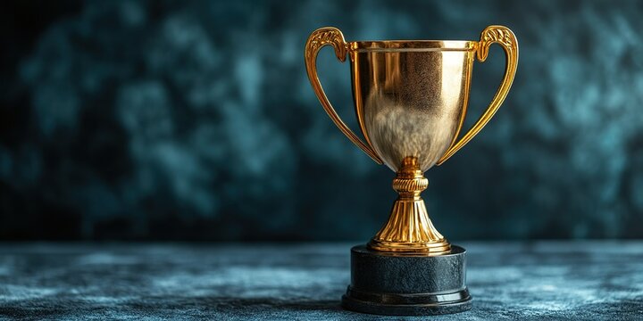 Shiny golden trophy displayed on a dark textured background for recognition and celebration of achievements