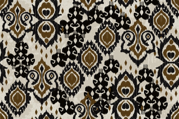Ethnic abstract ikat fabric artwork with seamless patterns, combining tribal, indigenous, and Mexican embroidery with Aztec geometric motifs. It is for rugs, wallpapers, throws, fabrics, and clothing.