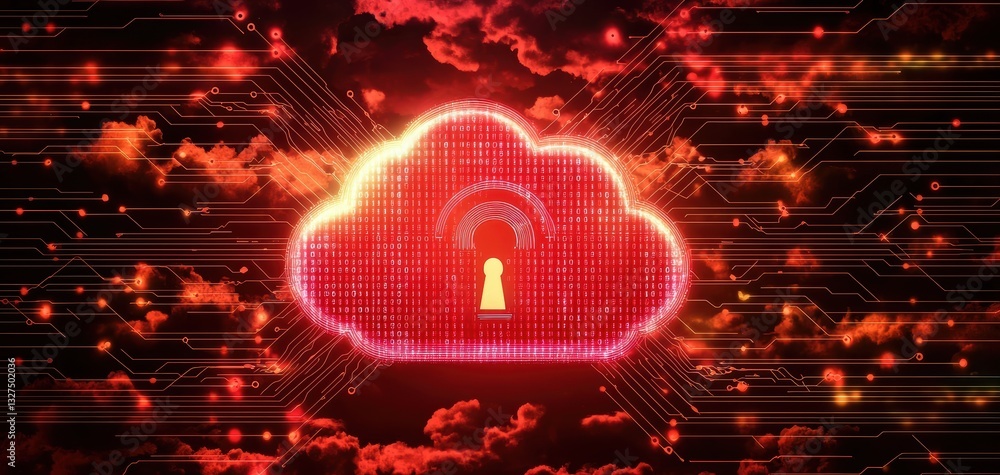 Poster cybersecurity vulnerability illustration, a neon red unlocked padlock surrounded by binary code and 