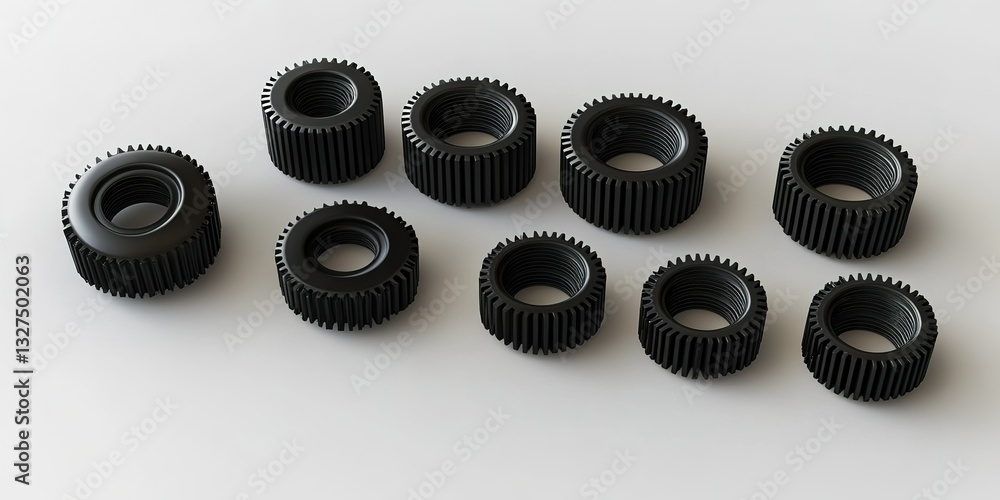 Poster distribution of black threaded gears arranged on a flat surface showcasing various sizes in a well-l