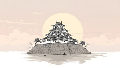 Obraz premium Hiroshima Castle- Phone wallpaper, hand-drawn digital illustration. White tone