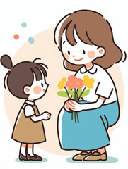 A cartoon illustration of a mother giving a flower to her daughter.