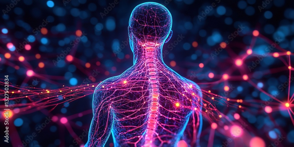 Poster vibrant visualization of the human nervous system emphasizing neural connections and spinal structur