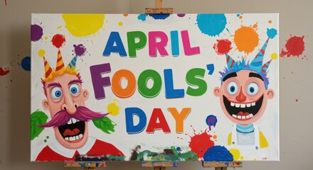 Fototapeta premium Playful and colorful April Fool's Day artwork featuring funny characters and splashes of paint