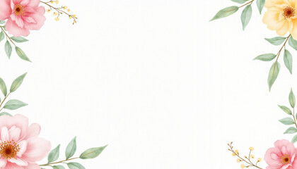 Fototapeta premium Beautiful floral frame with pink and yellow flowers on soft white background