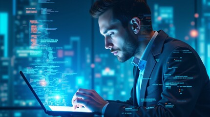 Man working on laptop with holographic data projection in futuristic city. Cybersecurity, big data analysis, and digital transformation concept. Night urban tech scene.