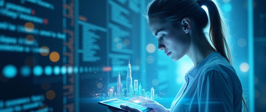 Woman examining holographic city model. Digital urban planning and smart city development. Future technology for urban design and architecture visualization