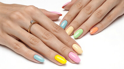 Fingers of a young woman's hand with beautiful polish, Creative manicure with gel polish in an elite beauty salon, Nail art and design, French manicure