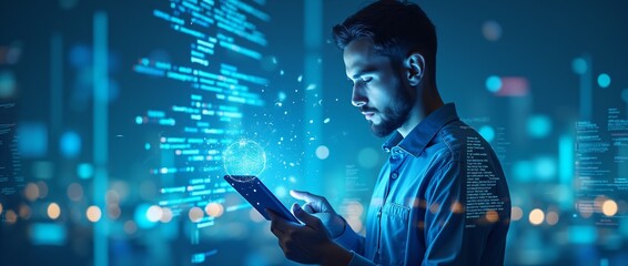 Man using tablet surrounded by digital data and code. Futuristic technology concept. Cyber security, big data analysis, and artificial intelligence in smart city at night