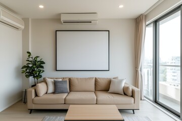 Chic and contemporary apartment with a blank canvas on the wall, designer seating, and stylish home decor in a cozy setup