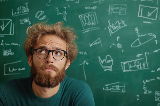 Thoughtful Man with Glasses Contemplating in Front of Chalkboard Filled with Diagrams and Formulas