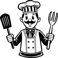 Cartoon Chef Illustration: Black and White Culinary Art with Spatula & Fork, Kitchen Icon, Restaurant Clipart, Food Design