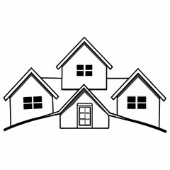 Black and White Line Art Illustration of Four Houses on a Hill, Simple Architectural Design, Real Estate Concept, Home Icon, Building Graphic