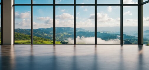 Fototapeta premium Empty modern space with smooth concrete textures, large open window showcasing misty hills, soft sunlight entering, ultra-clean aesthetic, 8K realism