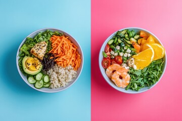 Healthy lifestyle transformation showcasing processed junk food versus organic fresh meals in Saint Petersburg Generative AI