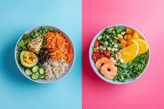 Healthy lifestyle transformation showcasing processed junk food versus organic fresh meals in Saint Petersburg Generative AI