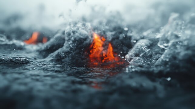 An intense visual of fiery lava waves surging through dark waters captures the raw power of nature, merging elements of fire and water in a dynamic and dramatic display.