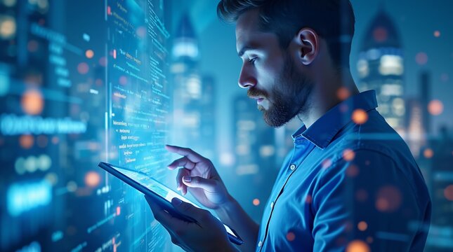 Man using digital tablet with holographic data overlay in night city. Future technology concept for data analysis, cybersecurity, and smart urban infrastructure