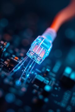 Glowing ethernet cable connector plugged into circuit board. Digital network connection concept. Macro view of internet technology and data transfer in blue tones.