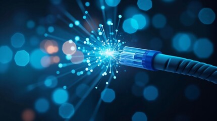 Fiber optic cable emitting blue light. High-speed internet concept. Digital data transmission technology. Closeup of optical fiber with glowing end for telecommunication networks.
