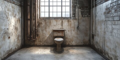 Old Toilet in Abandoned Industrial Bathroom with Grunge Walls