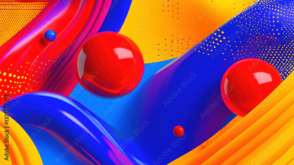 Poster abstract colorful swirling background with dynamic shapes and spheres