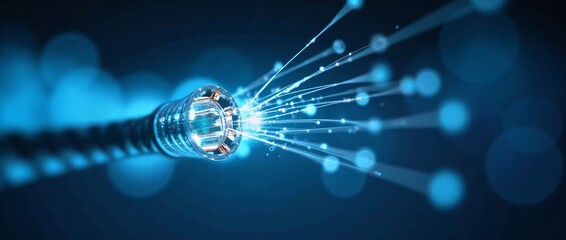 Fiber optic technology concept with glowing light streams emerging from cable end. High-speed internet, data transmission, and digital communication innovation visualization