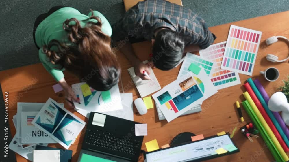 Poster top down view of smart designer helping manager choosing color from colored palettes. aerial view of