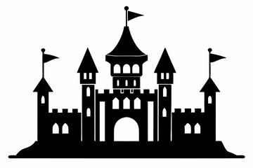 Obraz premium castle with tower and flags line art silhouette vector illustration