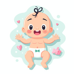 "Smiling baby in a diaper, childhood care and hygiene, flat design"