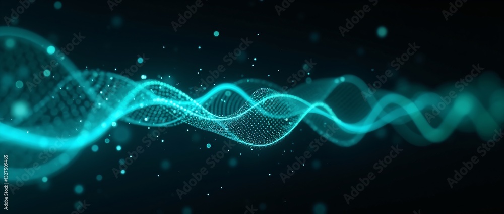 Poster glowing turquoise waveforms on dark background. digital sound visualization. audio technology concep