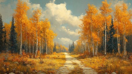 Fototapeta premium Autumn Forest Path, Painting, Nature Scenery, Peaceful Landscape, Image Use Stock Photography