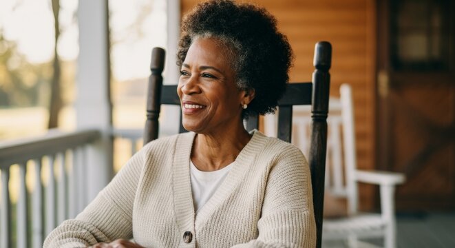Mature african female smiling on porch in sweater during relaxing afternoon