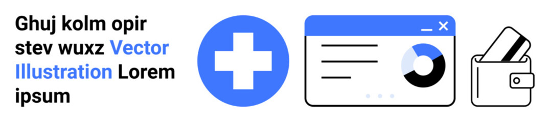 Obraz premium Blue medical cross, data dashboard with pie chart, wallet with cards. Ideal for healthcare, medical apps, dashboard interfaces, financial services, online transactions, personal finance tools data