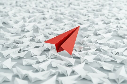 Creative innovation through paper airplanes showcasing a red paper plane among white stars minimalist design studio environment a unique perspective on individuality