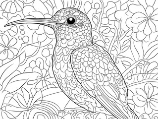 Fototapeta premium Hummingbird drawing in garden with flowers, for coloring