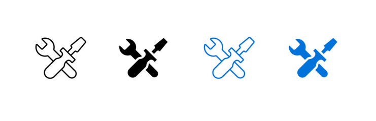 set of crossed wrench and screwdriver icons in four styles, featuring different colors and fills.