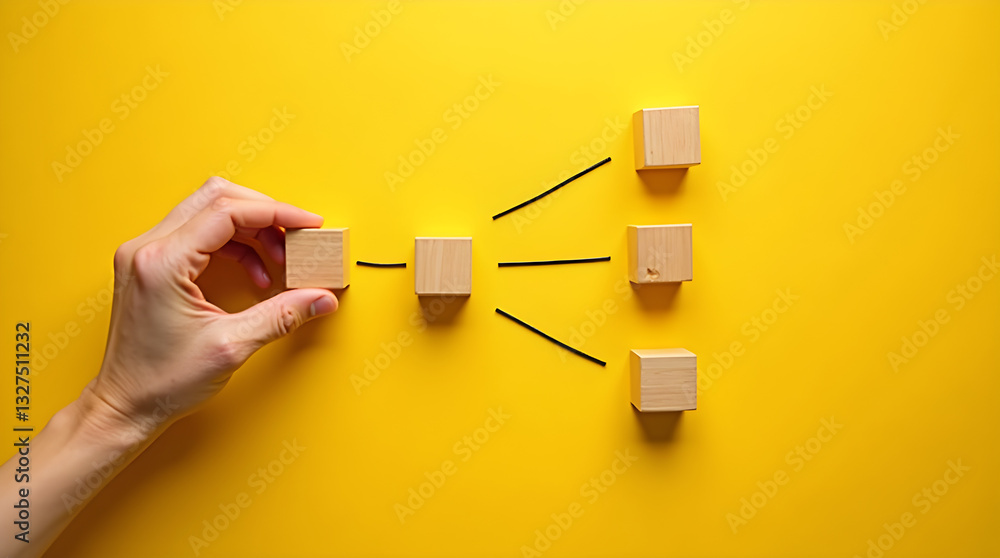 Aufkleber conceptual minimalist flowchart building with wooden blocks hand yellow background