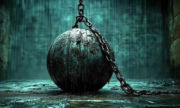 Rusty Wrecking Ball, Chain, Destruction, Demolition, Teal Background, Heavy, Metal, Weight, Gravity