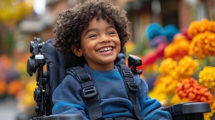 Smiling child in wheelchair, urban setting, colorful flowers